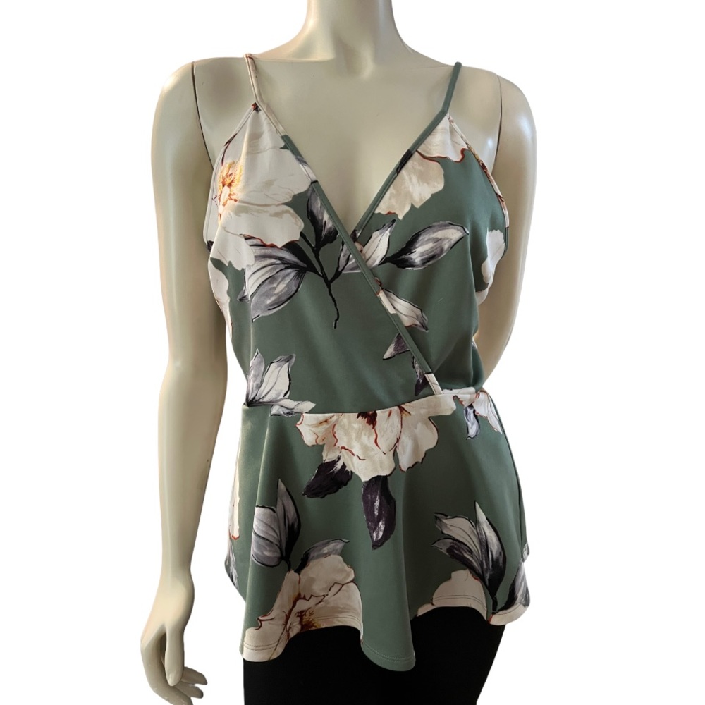 Monteau | Green Floral Spaghetti Strap Ruffle Wrap Tank Top | Size XL